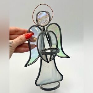 Y2K Stained Glass Angel Tea Light Candle Holder Iridescent Glass Signed Handmade